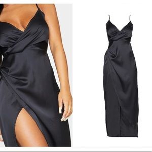 Petite black satin wrap dress